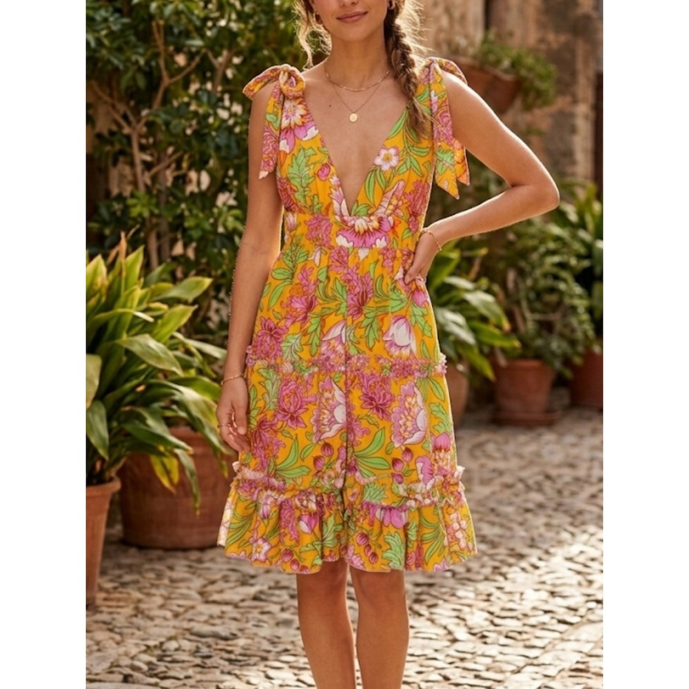 LOVE THE LABEL XS 100% Cotton Colorful Floral Tie Up Cottagecore Tiered Dress